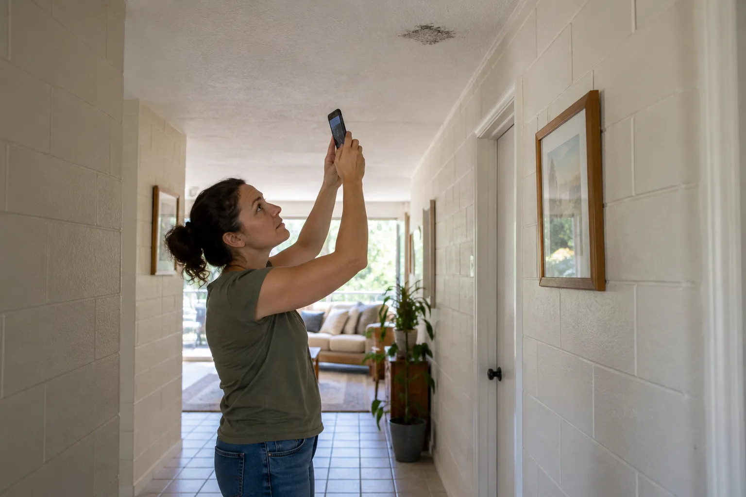 A calm homeowner looking at a small patch of mold on a ceiling in a Tampa home