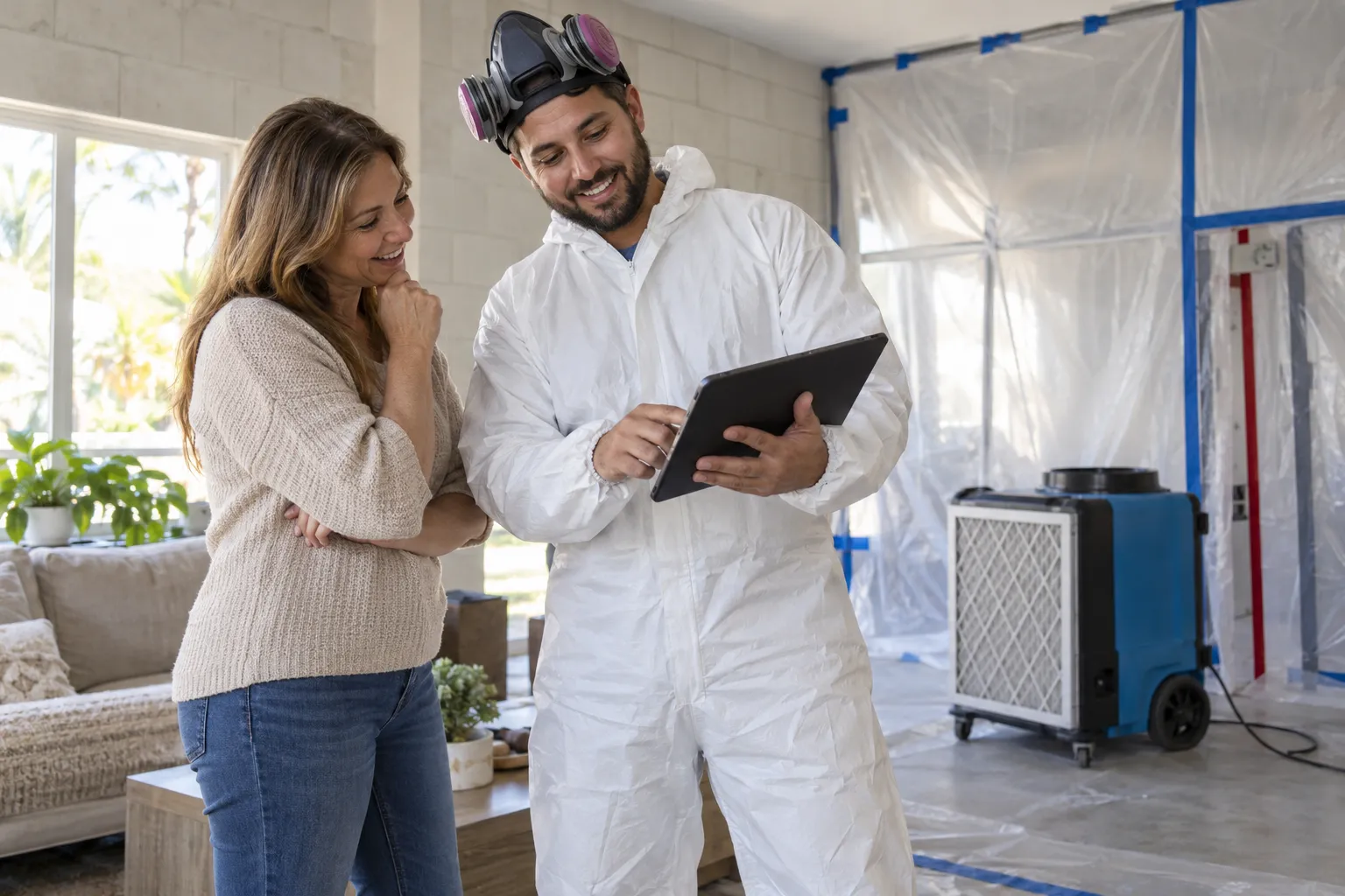 Friendly mold remediation provider in protective gear talking with a homeowner in a bright hallway in the Tampa area